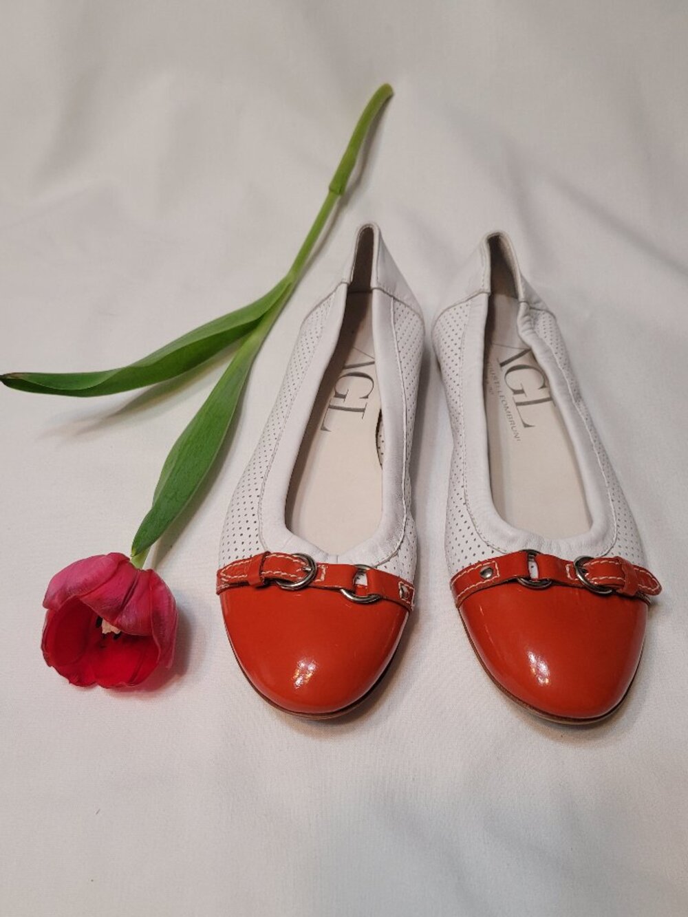 AGL Attilio Giusti Leombruni Monika Ballet Flat White Red Leather EU 38